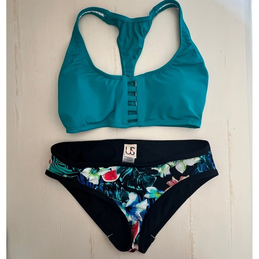 Urban Sea Women's M Bikini Set Teal Ladder Cut Top‎ Tropical Floral Bottoms